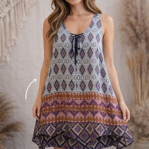 Mystree Blue Cream and Rust Patterned Midi Dress